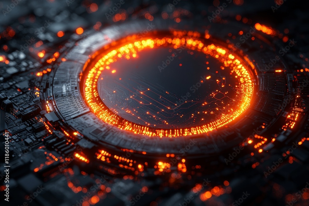 Poster a glowing circular device shoots out bright orange particles and lines, hinting at advanced technolo