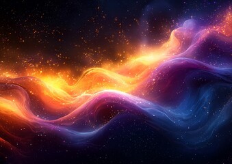 A luminous, looped abstract background with wavy strings and a vibrant purple-yellow glow, suitable for science, technology, and art performances, in high-resolution 4K at 60 fps