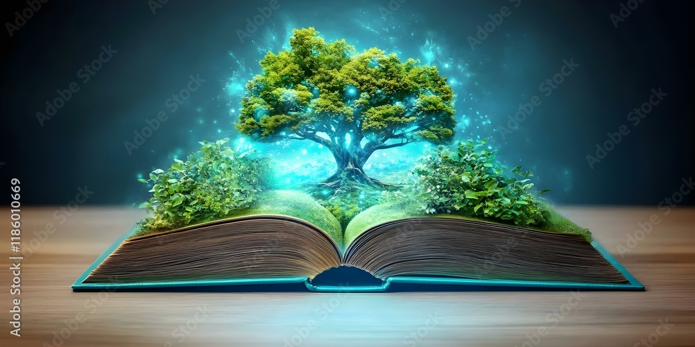 Poster an open book with a vibrant tree and greenery emerging from its pages, symbolizing growth and knowle