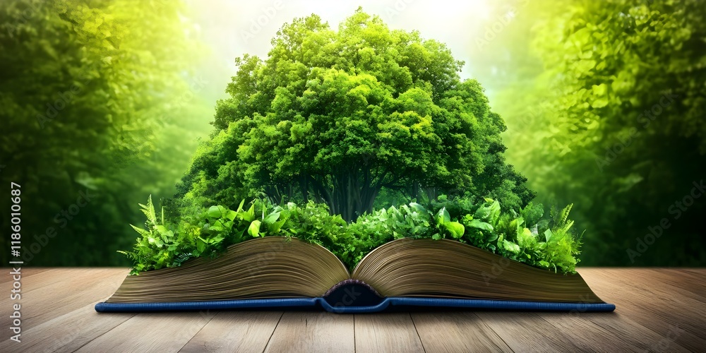 Aufkleber an open book with lush greenery and a large tree emerging from its pages, symbolizing nature and kno