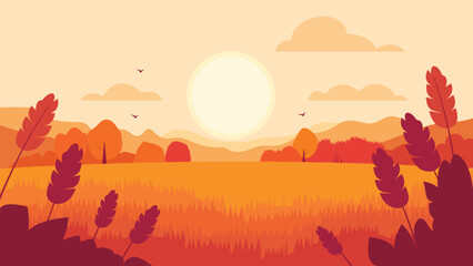 Wheat Field Nature Landscape with Mountains Hills View in the Morning