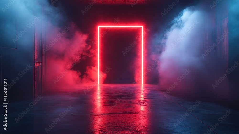 Poster features a dark stock photo, empty room with a concrete floor, illuminated by a neon red light and f