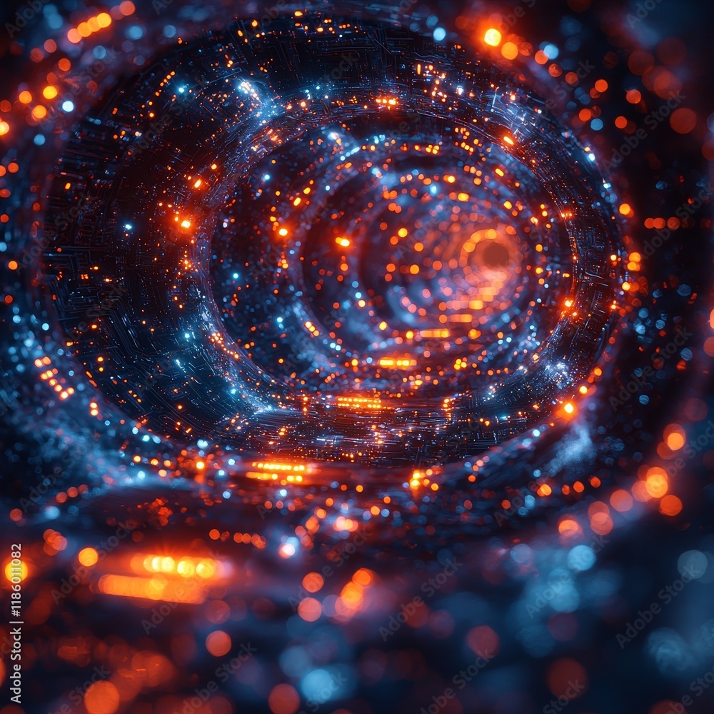 Poster in a dark environment, a close-up view of a futuristic 3d animation showing abstract digital world w