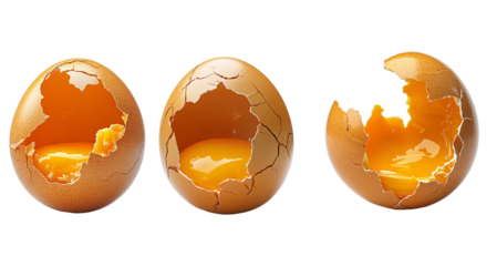 set of single cracked egg with the yolk spilling out on a transparent background