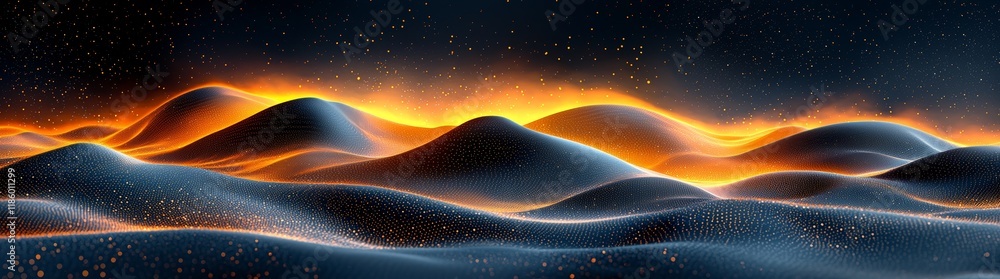 Poster dynamic digital waves creating an abstract visualization with motion graphics in a dark environment,