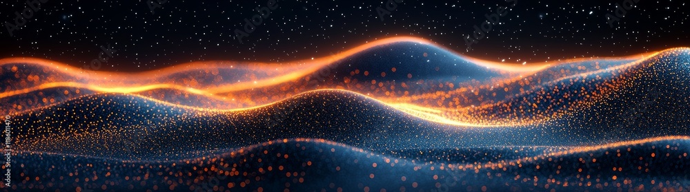Poster close-up view of dynamic digital waves as an abstract visualization using motion graphics in a dark 