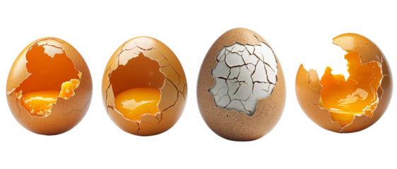 set of single cracked egg with the yolk spilling out on a transparent background
