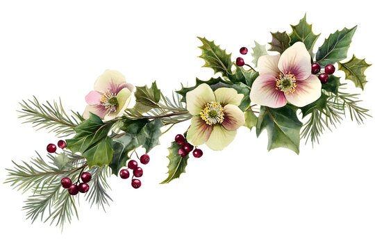 Festive floral arrangement, holly, pine, berries, winter, white background, holiday card design