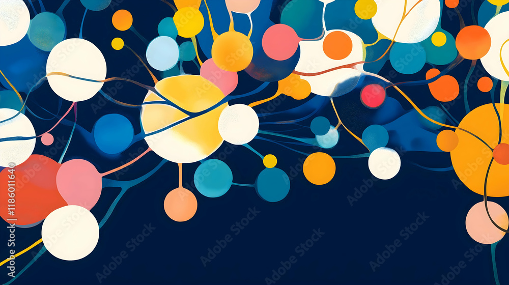 Aufkleber a vibrant abstract design featuring colorful circles and lines against a deep blue background, evoki