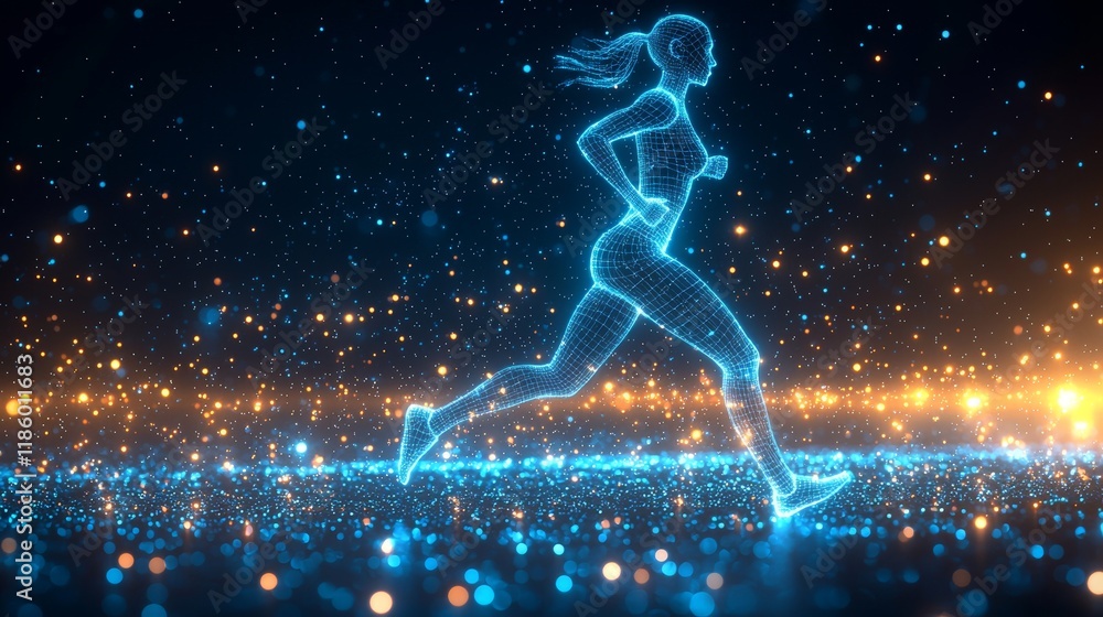 Poster a digital rendering of a runner, depicting motion and energy with glowing lines and particles