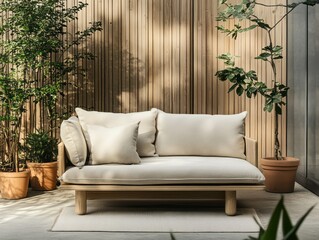 Obraz premium Modern Outdoor Sofa With Plants and Wooden Wall