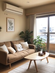 Minimalist Living Room with Brown Sofa and Plants
