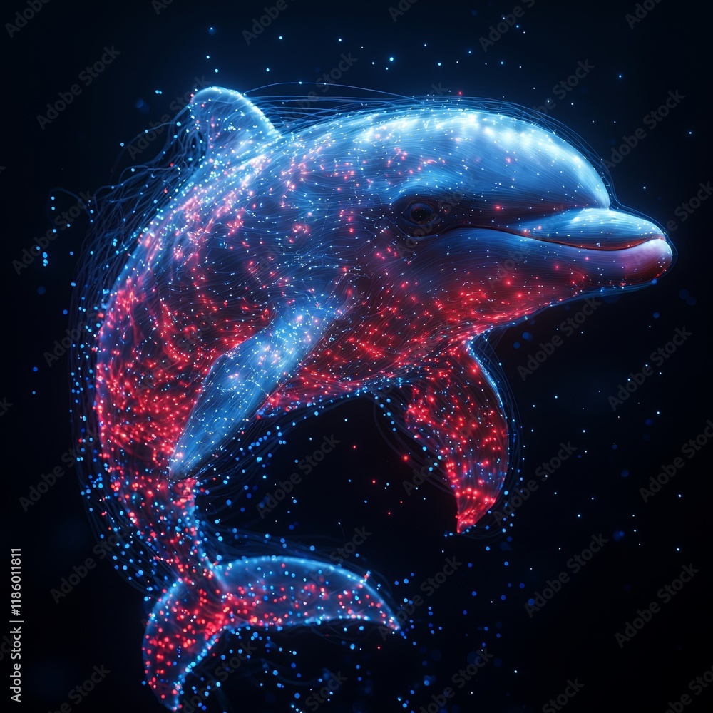 Poster fusion of nature and technology in a futuristic perspective through an stock dolphin in motion in a 