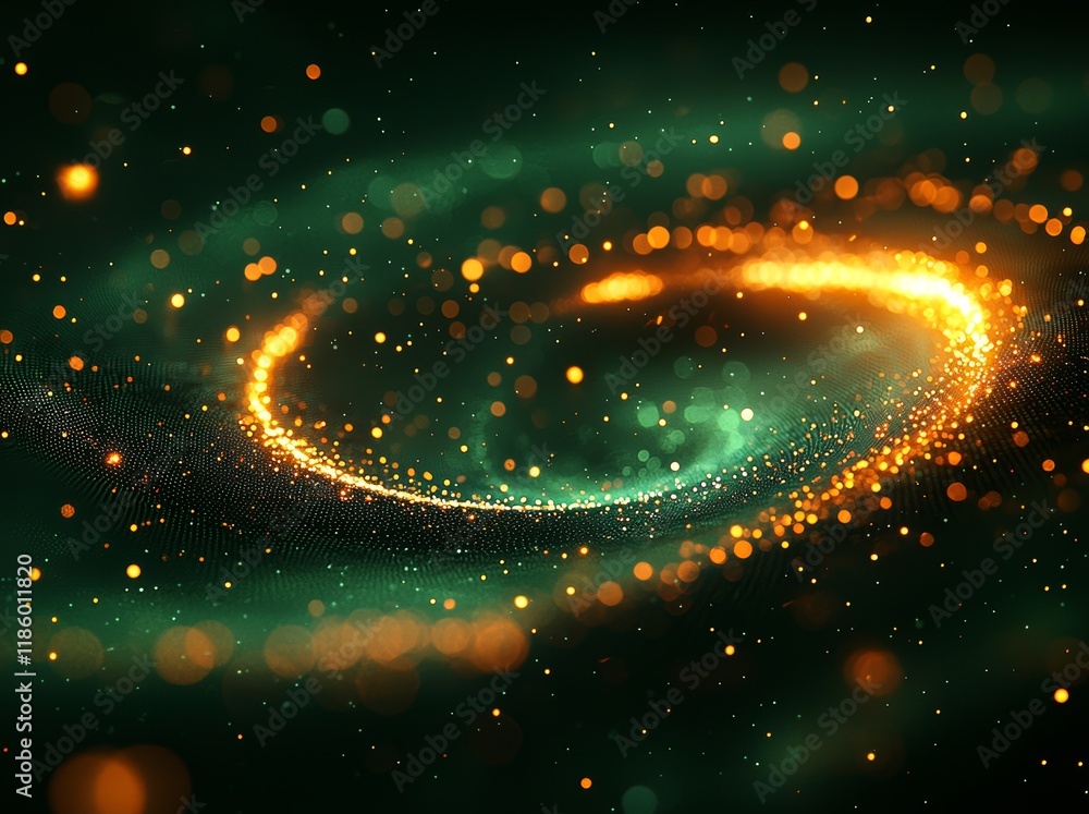 Poster captivating spiral animation with rotating glowing green dots forming a dynamic swirl background for