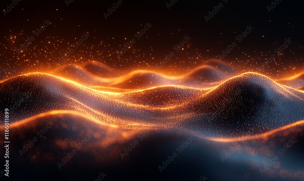 Poster in a futuristic setting, a high-resolution viewpoint showcases an abstract digital landscape animati