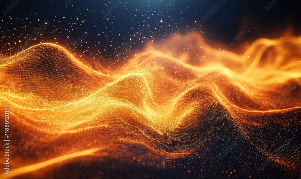 Poster dynamic flow of golden particles creating an abstract digital landscape animation in a futuristic en