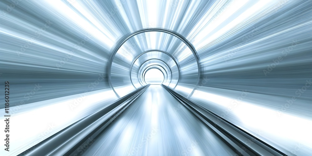 Poster a futuristic tunnel with a bright central light, creating a sense of speed and motion through its bl