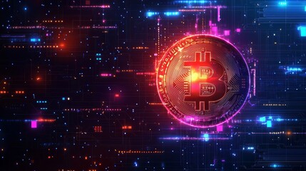 Obraz premium A purple glowing bitcoin coin set against a dark blue background. The cryptocurrency visual design showcases a neon token adorned with the BTC logo. Motion graphics symbolize mining and blockchain