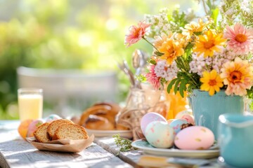 Festive outdoor Easter brunch table adorned with flowers and pastel eggs overlooking a sunny garden