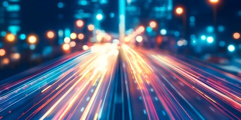 A blurred night scene depicting vibrant light trails from moving vehicles in a city, creating an impression of speed. Concept Night Cityscape, Light Trails, Vibrant Long Exposure, Dynamic Motion