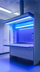 8. A futuristic fume hood with LED lighting and smart air quality monitoring in a modern laboratory