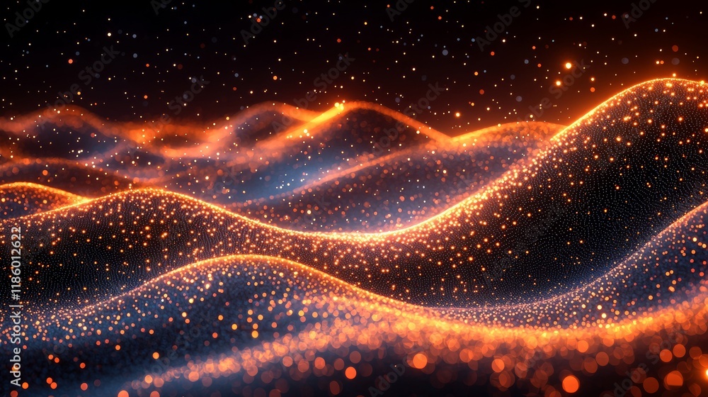 Poster dynamic motion of glowing fiber optics creating abstract visuals in digital art within a dark enviro