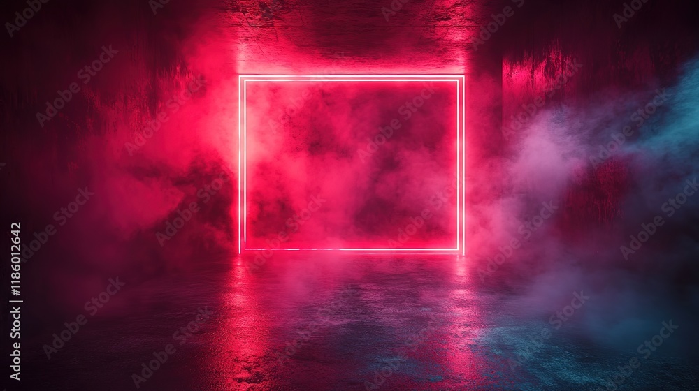 Poster features a dark stock photo, empty room with a concrete floor, illuminated by a neon red light and f