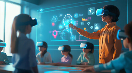 a human teacher presenting a lesson while an AI assistant projects 3D visualizations of the concepts in the air