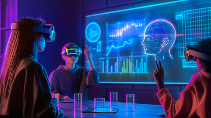 a human teacher presenting a lesson while an AI assistant projects 3D visualizations of the concepts in the air