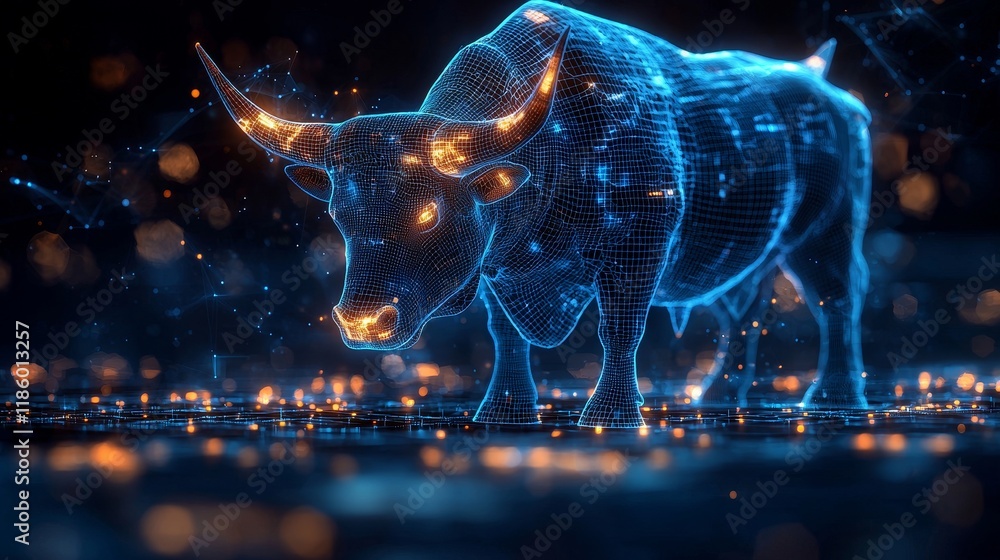 Poster futuristic 3d animation of a digital bull rising in a virtual environment, showcasing technology con