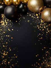 A festive arrangement showcasing black and gold balls surrounded by glimmering confetti. This decorative setup serves as an ideal backdrop for party invitations or announcements