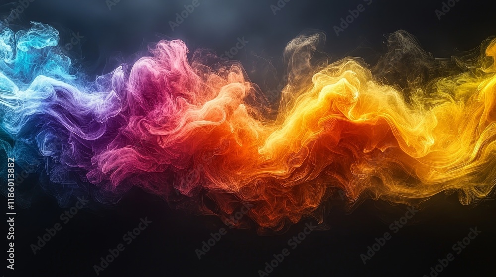 Poster in this abstract visual art, vibrant light waves animate a dark canvas, celebrating colorful motion 
