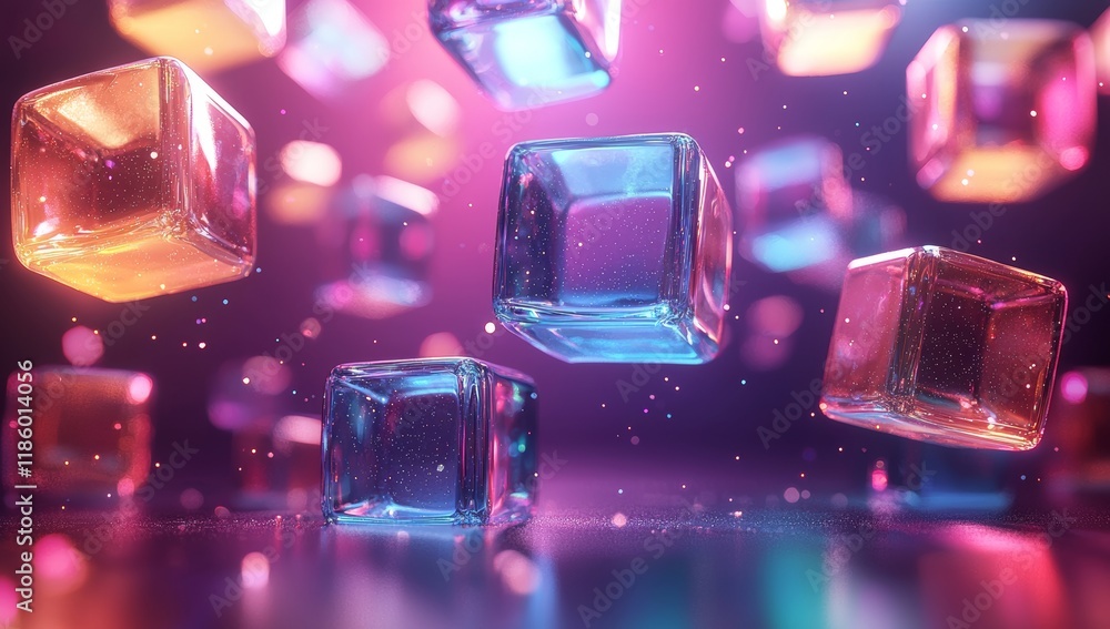 Poster in a digital art landscape, dynamic 3d geometric shapes dance in front of a purple gradient backdrop