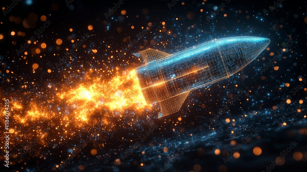 Poster futuristic space 3d animation simulating a rocket launch in a digital environment, showcasing advanc