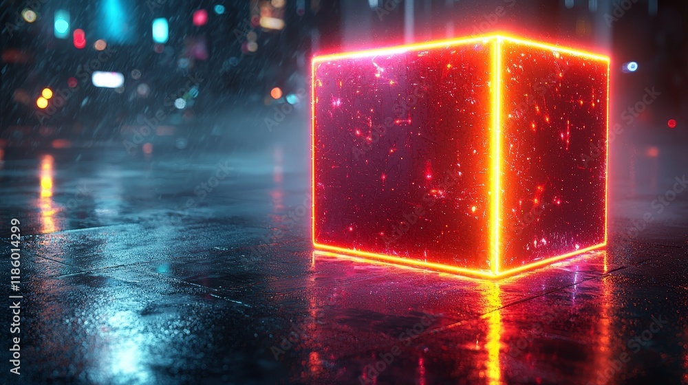 Poster dynamic neon cube animation in a 3d graphics studio, set in a futuristic environment with a low angl