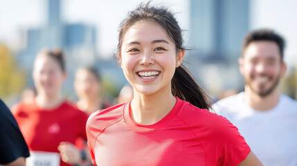 Japanese runner woman in red Athleisure, joins in marathon event at Canada