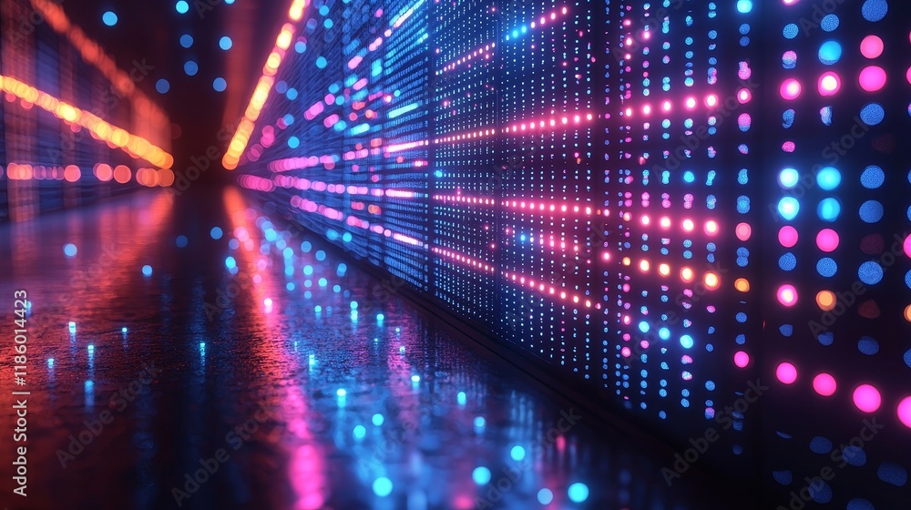 Poster in an abstract, futuristic digital art environment, dynamic light patterns exemplify innovative visu