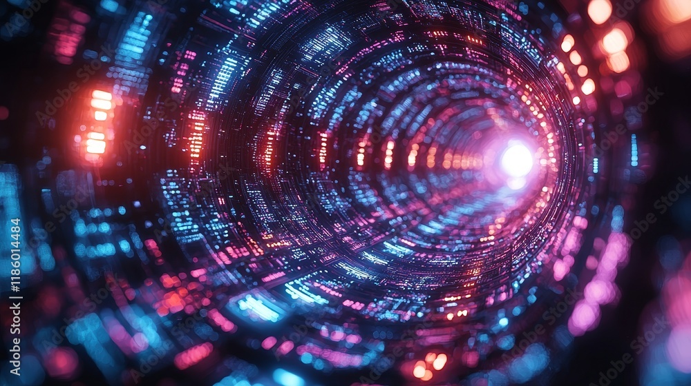 Poster a vibrant visual of a digital tunnel with sparkling particles and motion-driven light effects