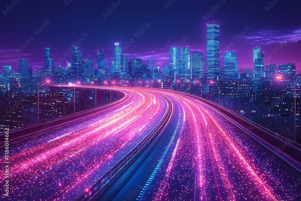 Poster futuristic cityscape in a high-tech setting, characterized by dynamic motion graphics and an illumin