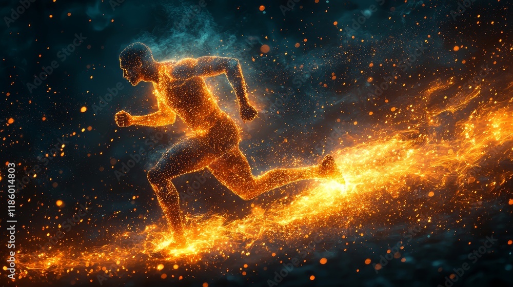 Poster a mesmerizing, abstract form of a runner in motion, depicted with sparkly particles on a dark canvas