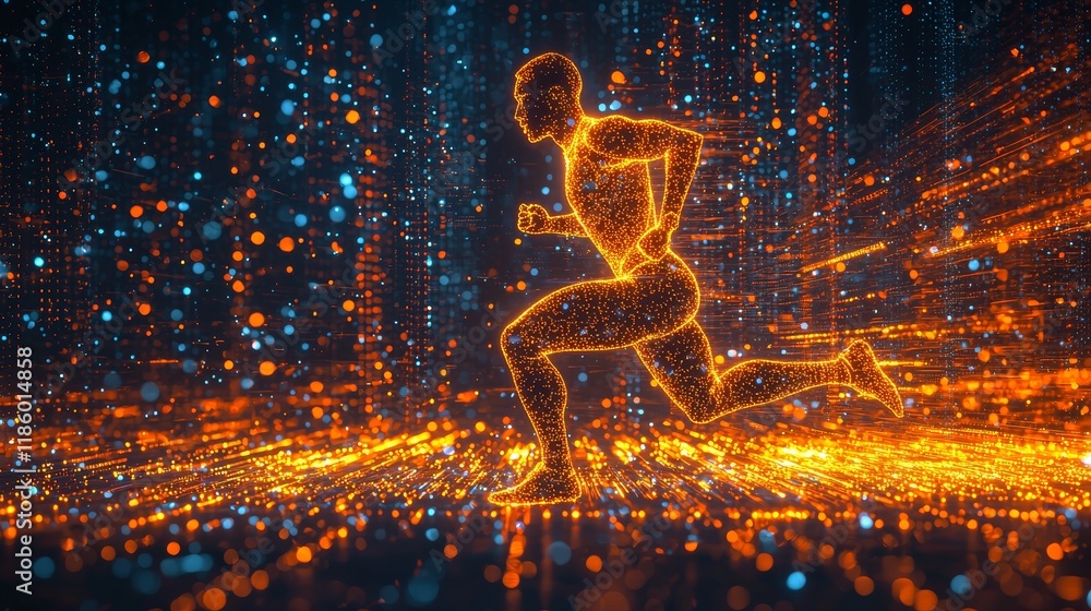 Poster an abstract and glowing representation of a runner in motion, crafted from luminous particles set ag