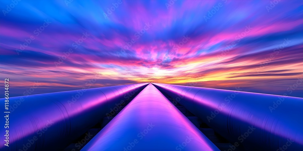 Poster a vibrant sunset over two parallel pipelines stretching into the distance, with dynamic clouds enhan