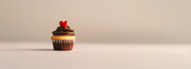Vanilla cupcake muffin with a red heart on mocha mousse on beige background. Banner template for love, sweets, poster, and cards for party, birthday and Valentine's day with place for text.