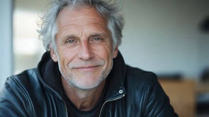 Close-up of a Senior Man with Salt and Pepper Hair Smiling in Casual Black Jacket, Expressing Warmth and Confidence in Natural Light