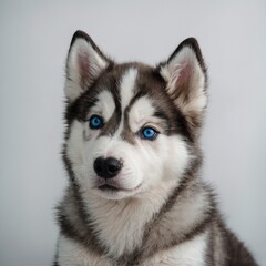 A fluffy husky puppy with striking blue eyes on a clean white background.