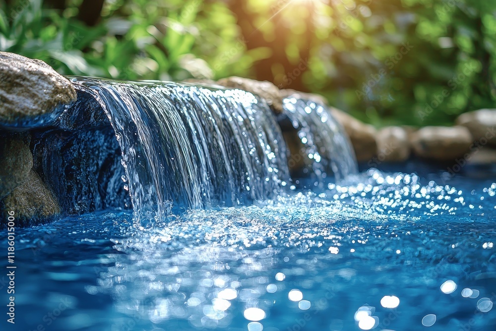 Poster an abstract blue water stream background with a slow motion effect and shallow depth of field, showi