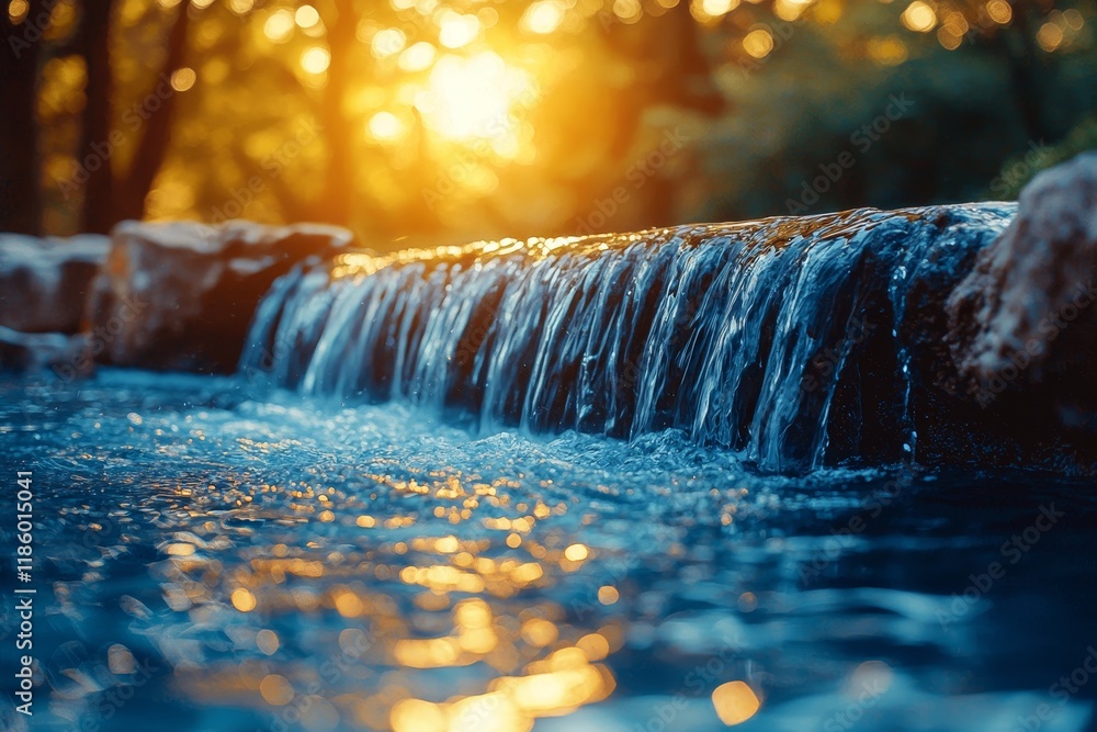 Poster abstract blue water stream background with slow motion effect and shallow depth of field, capturing 