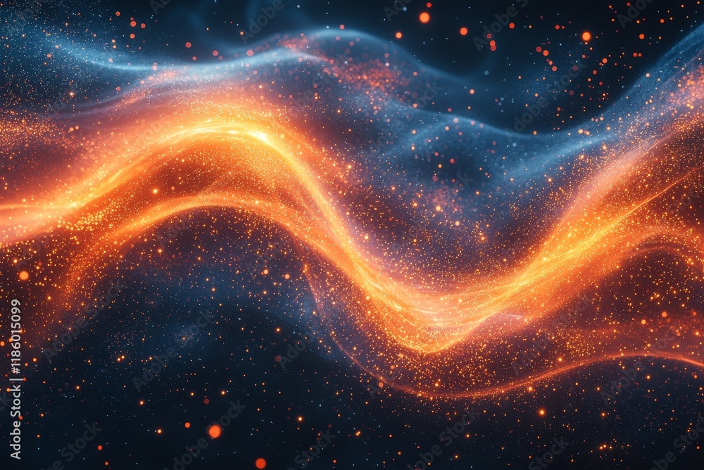 Poster golden particle waves flowing dynamically with an abstract motion background, visual art