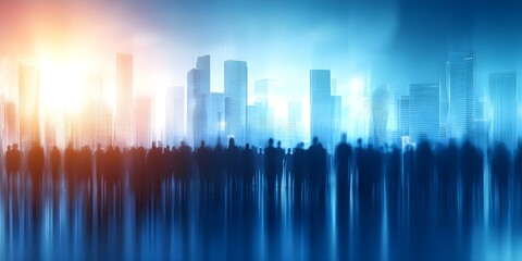 A silhouette of a crowd in front of a vibrant city skyline at sunrise, with blue and orange hues creating a dramatic effect. Concept Crowd Silhouette, Vibrant City Skyline, Sunrise Colors