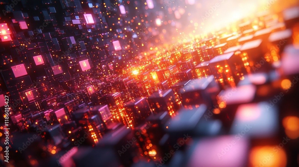 Poster vibrant purple and orange hues form the backdrop as digital floating cubes animate in a futuristic s